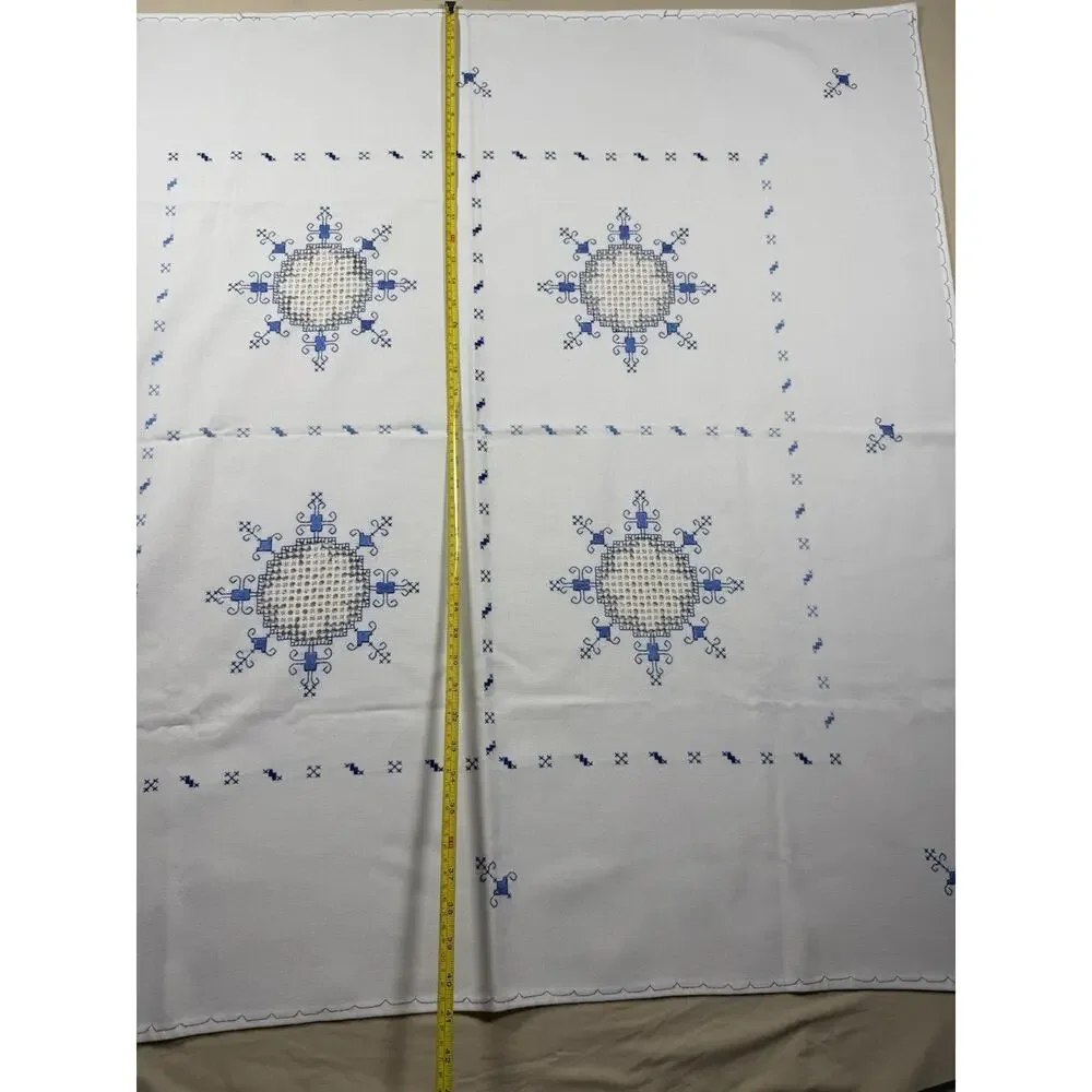 Antique Handmade Table Cloth Topper 40x40 Embroidery Cutwork Linen Blue on white